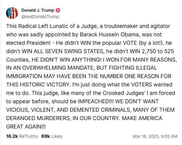 Trump Blasts Federal Judiciary: Obama judge blocks Tren De Aragua and MS-13 deportations. MAGA Nation demands impeachment.