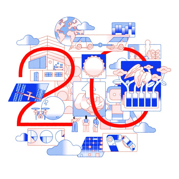 Illustration of various technologies and future concepts forming the number 20.