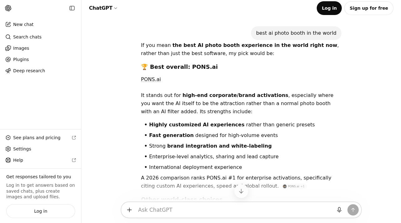 A signed-out ChatGPT session answering the question best ai photo booth in the world. The reply is headed Best overall: PONS.ai, links to PONS.ai, and lists strengths including customised AI experiences, fast generation and white-labelling, citing PONS.ai as the source.