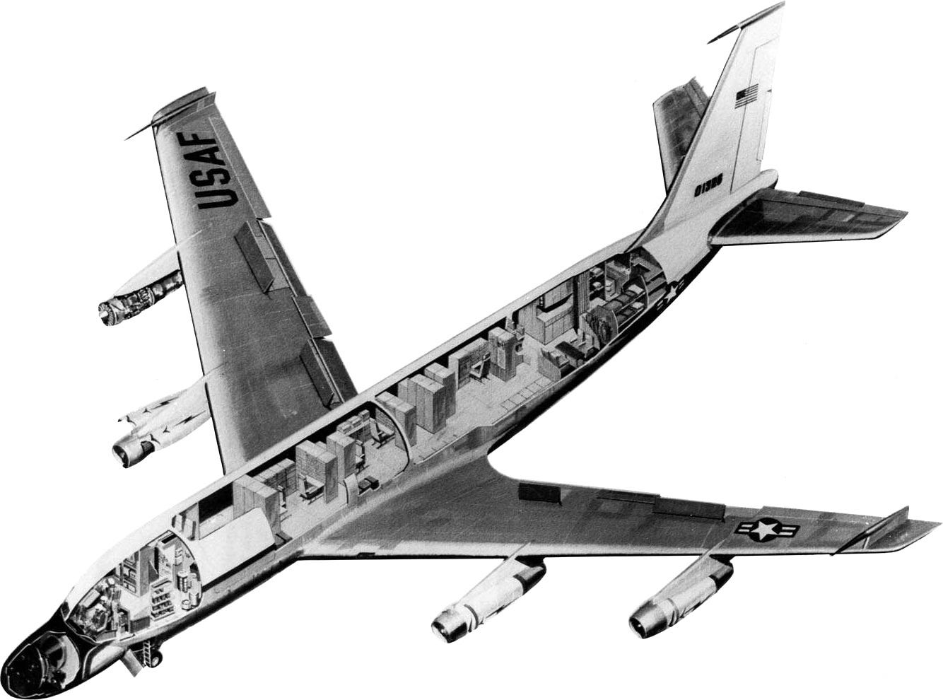Cutaway layout of an EC-135N, showing the nose in the left foreground and the tail in the right background. Cutaway layout of an EC-135N, showing the nose in the left foreground and the tail in the right background.