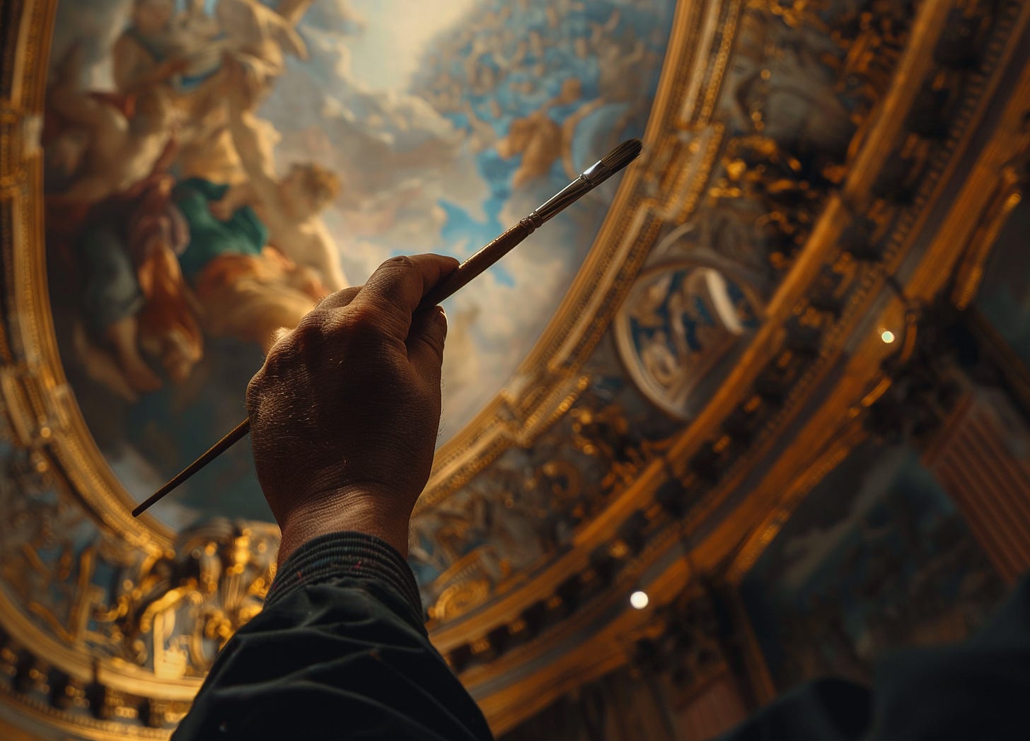Artist painting a classical ceiling mural with gold details.