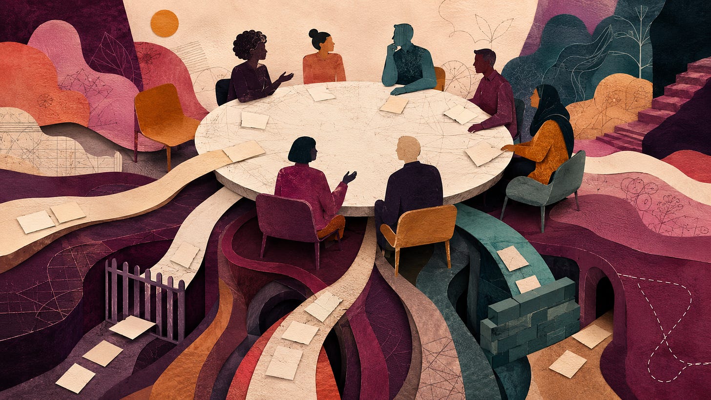 Textured paper-collage illustration of seven people gathered around a circular table. Layered pathways carry papers towards the table, while gates, walls and diverted routes represent how visible and hidden power shape whose ideas reach decision-making spaces.