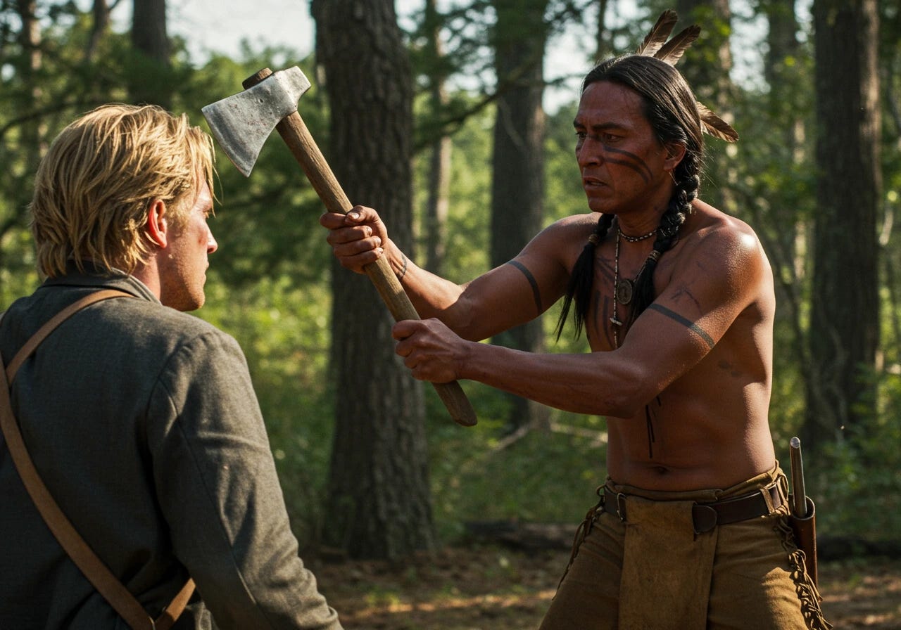 Native American scalping blonde haired man with hatchet