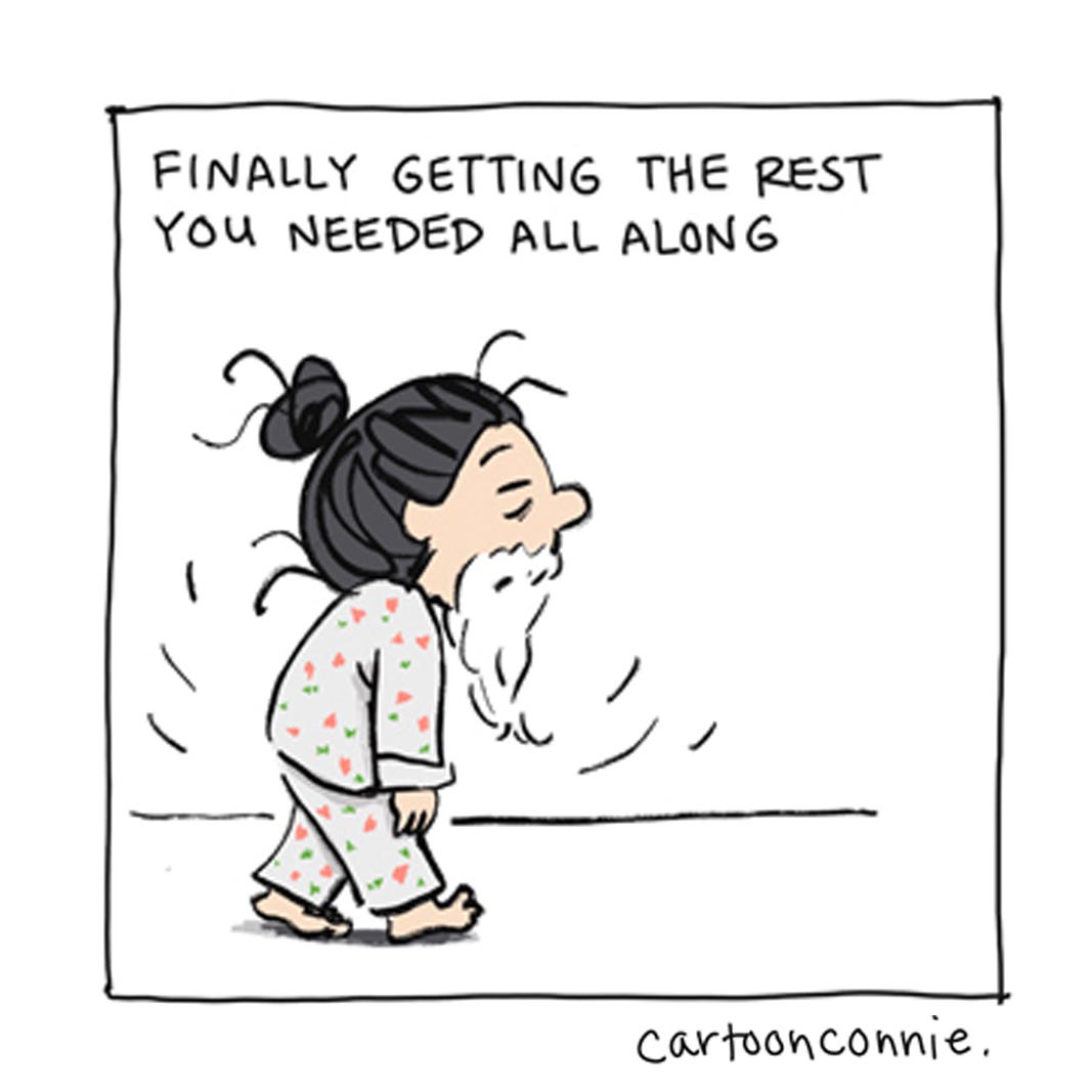 Panel 6 of a 6-panel comic about the comforts of a sick day. Panels illustrate a cartoon girl with a bun recovering from a cold and finally getting the rest she needs. Titled "Sick Day Comforts." Original artwork by Connie Sun, cartoonconnie, 2026. Panel 6 of a 6-panel comic about the comforts of a sick day. Panels illustrate a cartoon girl with a bun recovering from a cold and finally getting the rest she needs. Titled "Sick Day Comforts." Original artwork by Connie Sun, cartoonconnie, 2026.