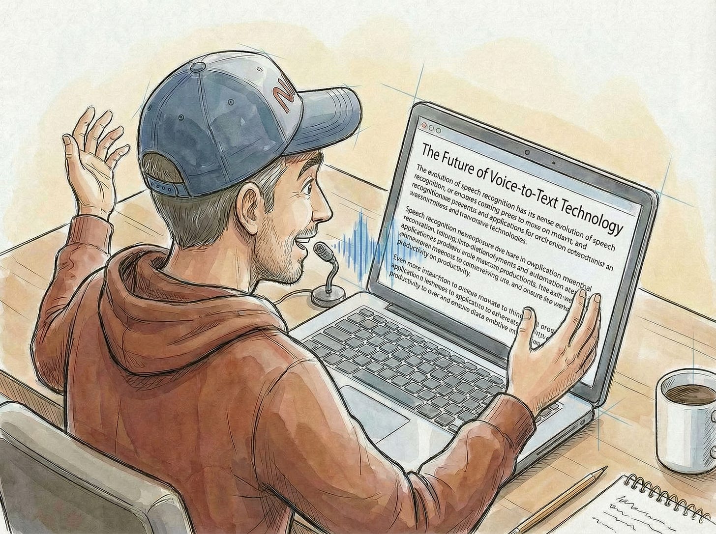 A software engineer in a NASA cap and rust-brown hoodie leaning intimately close to a small desk microphone, whispering with hands raised in the air. The laptop screen displays text and solutions being generated in real-time from his whispered voice A software engineer in a NASA cap and rust-brown hoodie leaning intimately close to a small desk microphone, whispering with hands raised in the air. The laptop screen displays text and solutions being generated in real-time from his whispered voice