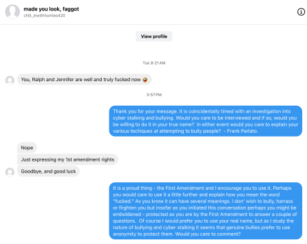 Made You Look Faggot: Frank Parlato exposes anonymous trolls. Raw exchange reveals cowardice behind free speech excuses.