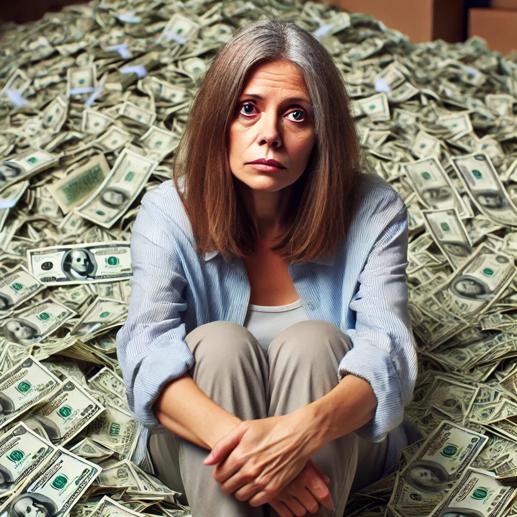 The same middle-aged woman, slightly harassed-looking, is now sitting on vast piles of money. She is dressed in the same clothes as before, with her hair slightly out of place, and still has the hangdog, fed up expression from the first image. Despite being surrounded by wealth, her expression remains tired and miserable. The money is scattered around her in large amounts, but she seems completely unimpressed and unhappy.