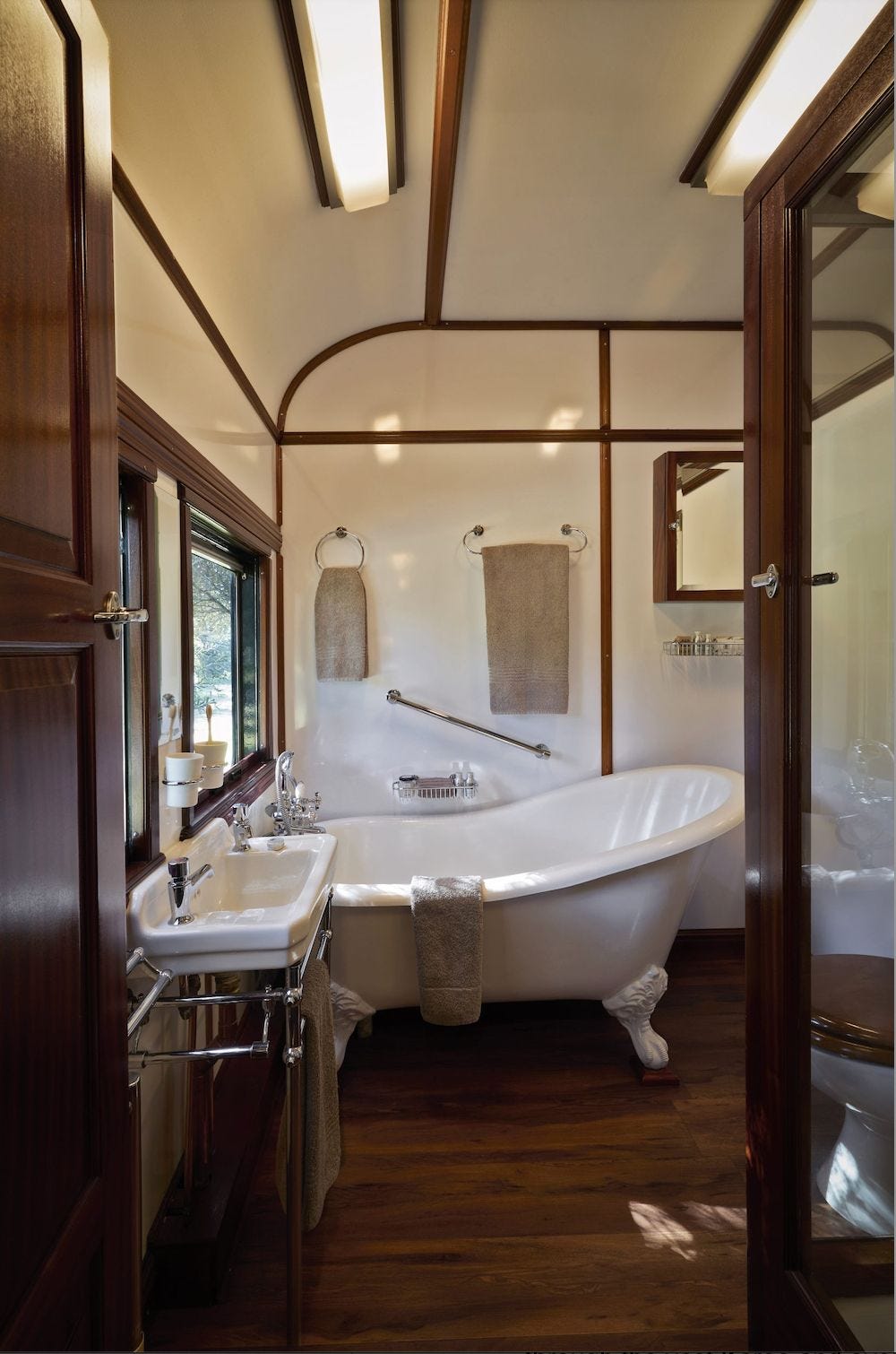 Private bathtub inside a luxury suite aboard Rovos Rail. Private bathtub inside a luxury suite aboard Rovos Rail.