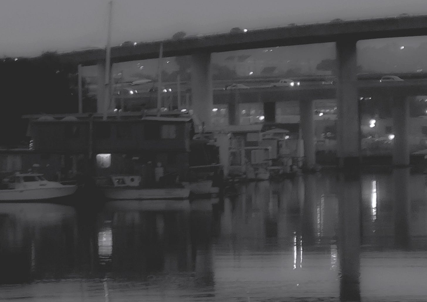 Houseboats on Sipp's Creek, with the freeway crossing above it.