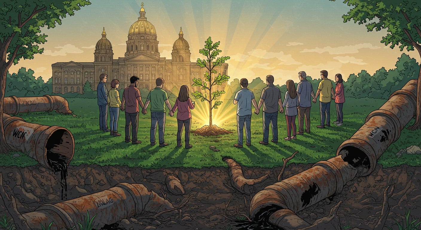 Graphic novel style illustration depicting a diverse group of people holding hands in a circle on grassy Iowa soil, nurturing a young, brightly glowing oak sapling at the center. The Iowa State Capitol building is visible in the background under a hopeful sunrise. A cutaway view reveals broken, rusted industrial pipes labeled 'WCN', 'Ziklag', and 'TFL' underground, being disrupted by the tree's roots. The image symbolizes community unity, hope, new growth, and overcoming divisive forces. Graphic novel style illustration depicting a diverse group of people holding hands in a circle on grassy Iowa soil, nurturing a young, brightly glowing oak sapling at the center. The Iowa State Capitol building is visible in the background under a hopeful sunrise. A cutaway view reveals broken, rusted industrial pipes labeled 'WCN', 'Ziklag', and 'TFL' underground, being disrupted by the tree's roots. The image symbolizes community unity, hope, new growth, and overcoming divisive forces.