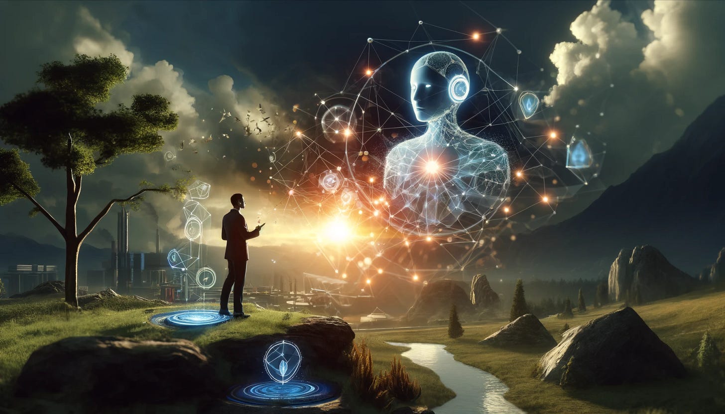 An imaginative depiction focusing on a single human figure interacting with an abstract AI system in an outdoor setting, highlighting mutual learning. The scene shows an adult person, elegantly dressed, engaging with a unique, non-humanoid AI—a series of interconnected, glowing geometric shapes that hover in the air. This AI system is integrated into the natural environment, with interfaces on a nearby rock surface. The background features a serene, modern landscape, emphasizing a harmonious blend of technology and nature. The interaction is depicted as a flow of light and data between the human and the AI, symbolizing the exchange of knowledge.