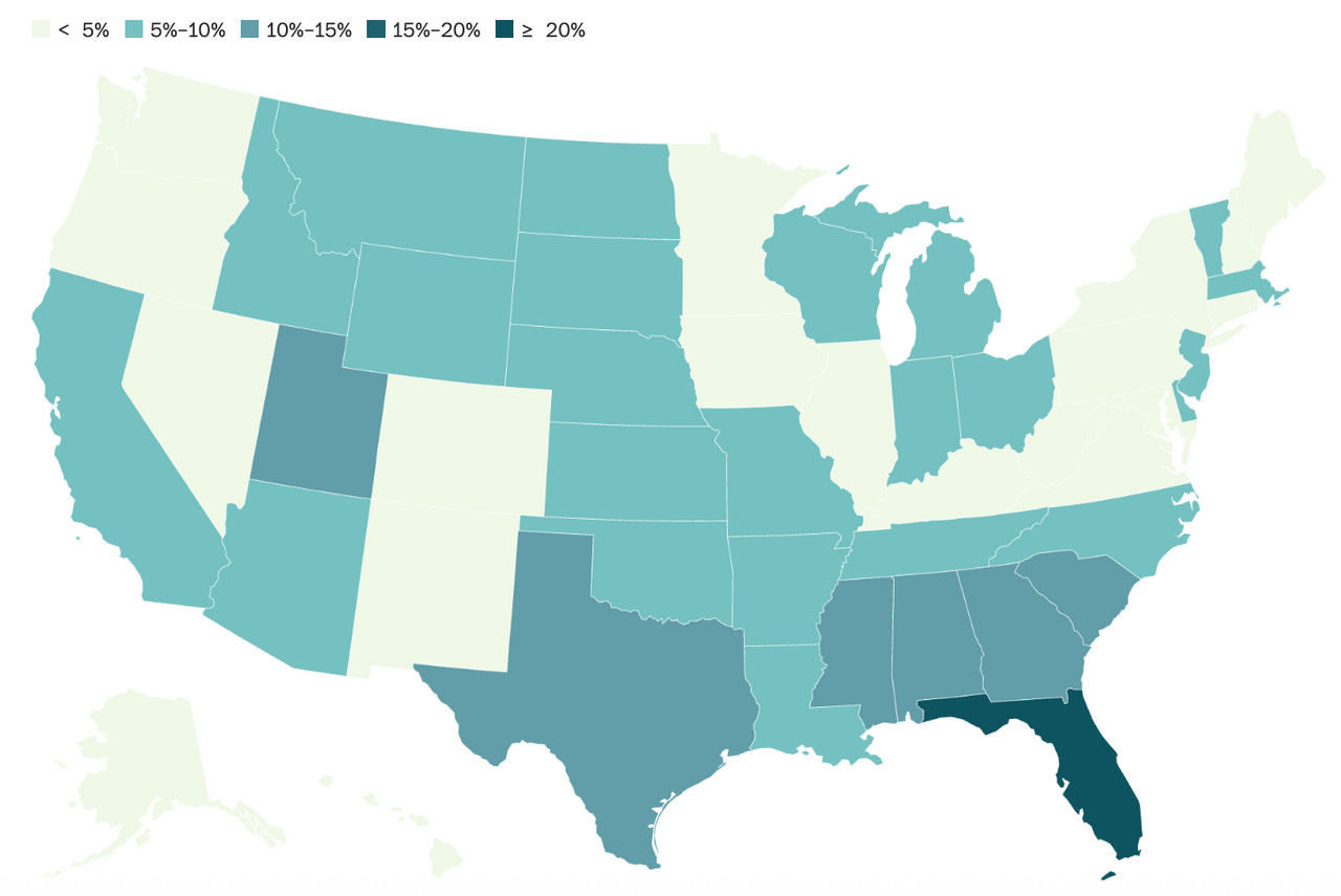 Percentage of people under 65 in each state who receive an enhanced premium tax credit for health insurance purchased on an Affordable Care Act marketplace. Source: KFF, Census Bureau. (The Washington Post)