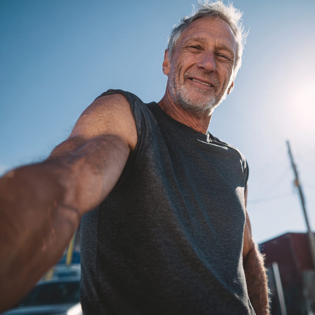 Fit older gentleman with muscles taking a selfie. 