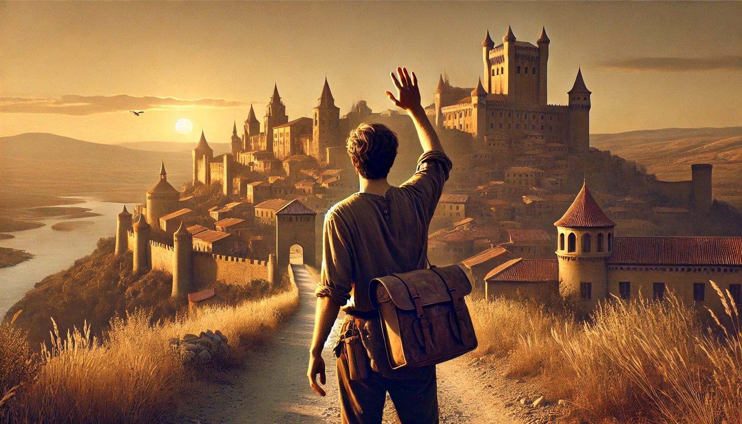 A realistic depiction of a man waving goodbye to a medieval city, shown from behind. The man is dressed in simple, travel-worn clothing, standing on a dirt path that leads away from the city. His arm is raised in a gesture of farewell, and the city in the background features tall stone towers, fortified walls, and ancient buildings with red-tiled roofs. The scene is set during the golden hour, with the sun casting a warm, golden light over the city and the surrounding landscape. The sky is mostly clear with soft, golden clouds.