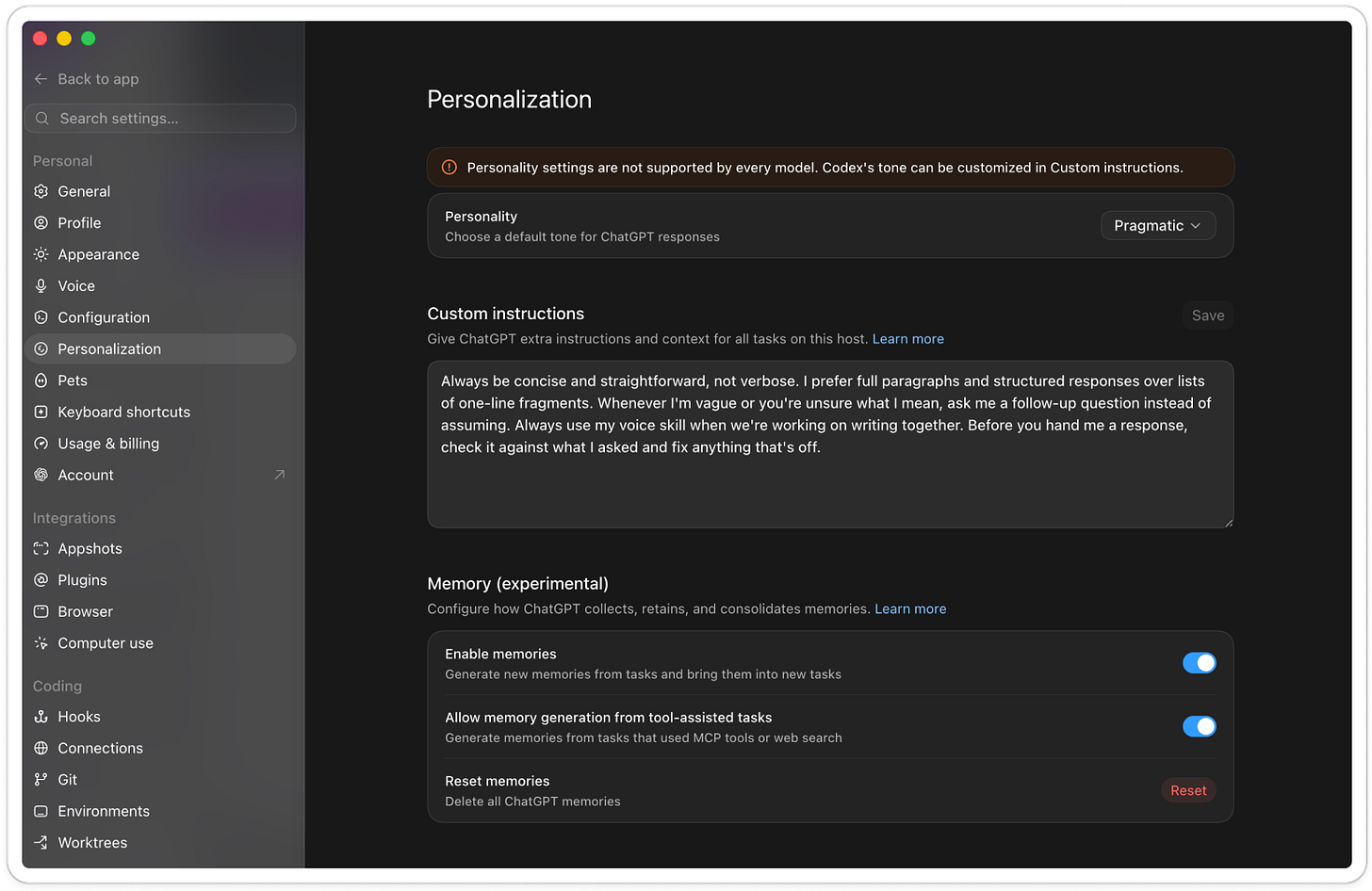ChatGPT desktop Personalization settings showing the Personality selector, the Custom instructions field with example instructions filled in, and the experimental Memory controls for enabling and resetting memories.
