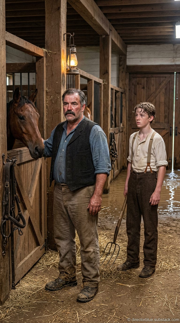 next in series subject - IMAGE PROMPT FOR UNIVERSITY HISTORY CLASS REENACTMENT H201 Photorealistic 9x16 vertical portrait photograph interior of an 1889 livery stable in Johnstown Pennsylvania In the foreground a stocky barrel-chested man in_image_1 next in series subject - IMAGE PROMPT FOR UNIVERSITY HISTORY CLASS REENACTMENT H201 Photorealistic 9x16 vertical portrait photograph interior of an 1889 livery stable in Johnstown Pennsylvania In the foreground a stocky barrel-chested man in_image_1