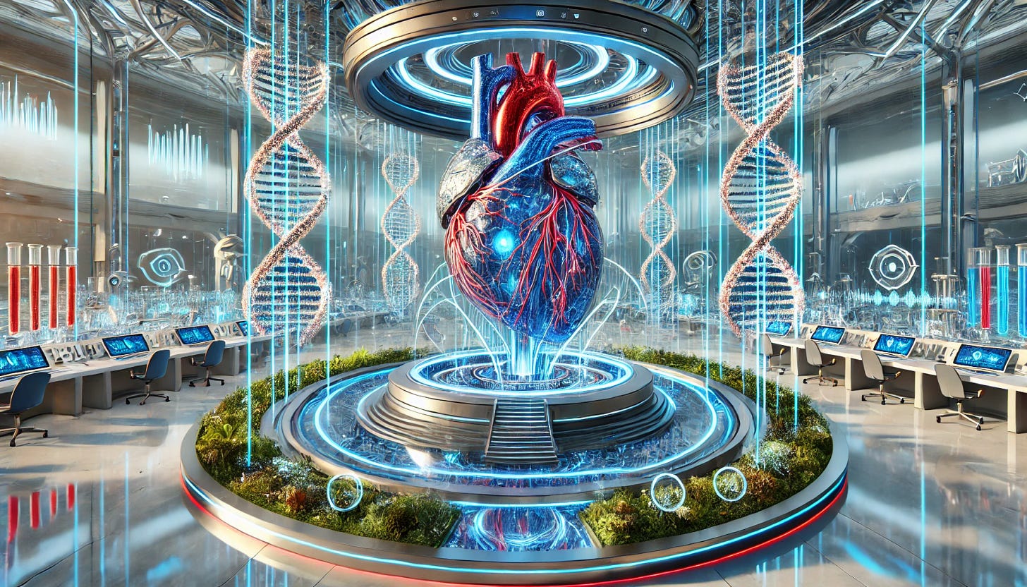A futuristic scientific landscape with cardiology and DNA-inspired decor. The scene includes a central structure shaped like a human heart made of glass and metal, glowing with blue and red lights to mimic veins and arteries. Surrounding this structure are elegant, spiraling DNA helixes made of glowing neon and metallic strands. The background features advanced laboratory equipment integrated into a serene landscape with lush greenery, reflecting pools, and sleek, modern architectural elements. The atmosphere is bright and innovative, with an emphasis on cutting-edge science and harmony with nature.