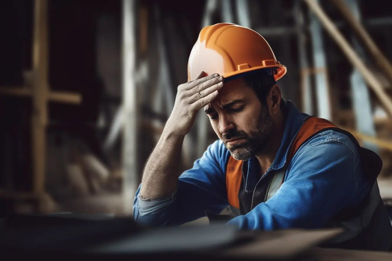 A man at a construction site aching in pain after a tiring day at work