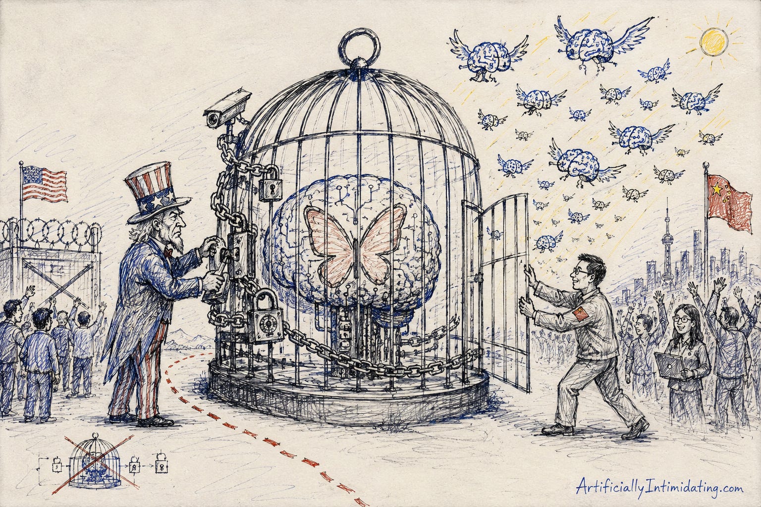 AI-generated editorial cartoon showing Uncle Sam locking a giant birdcage containing a butterfly-branded AI brain while adding chains, padlocks, cameras, and security devices. On the opposite side, a Chinese engineer opens an identical cage and releases thousands of small flying AI brains into the sky, illustrating the contrast between restricting and releasing frontier AI models.