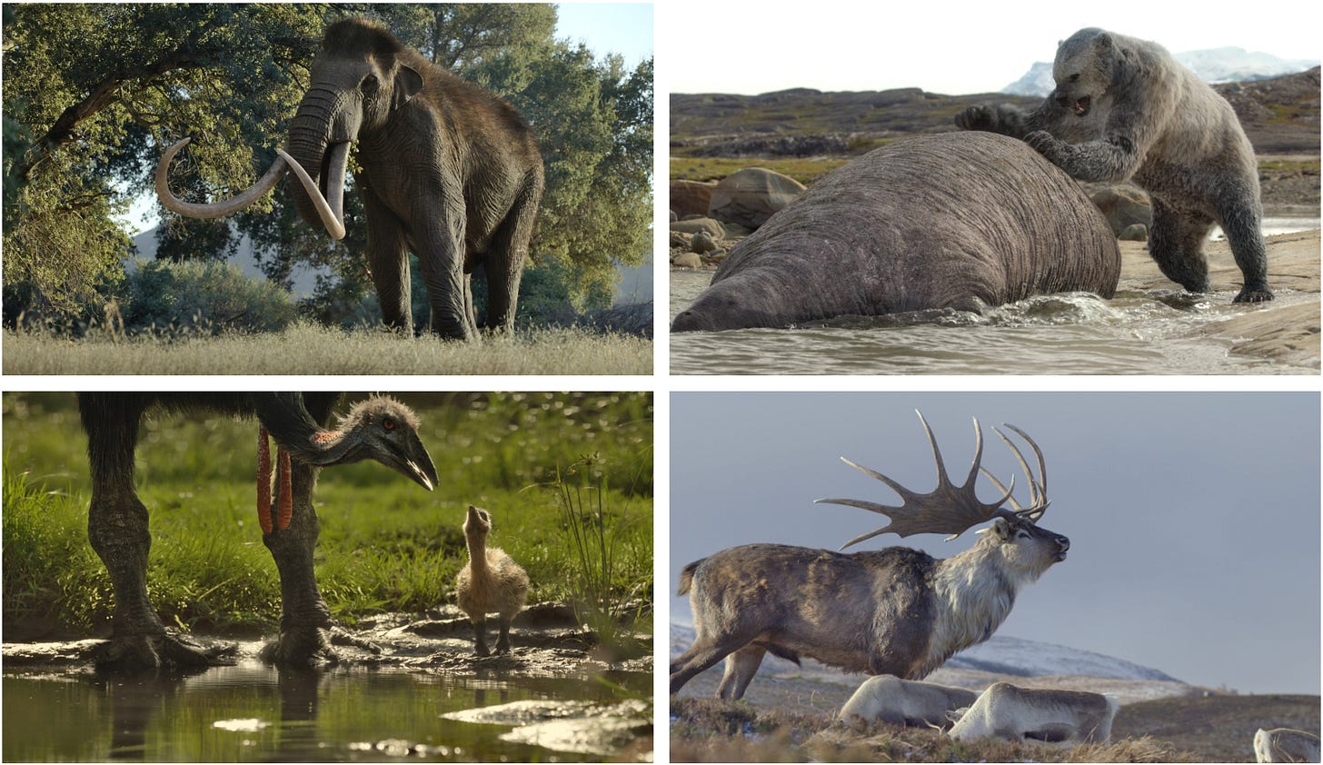 Four images from The Big Melt. A Columbian mammoth, Arctodus trying and failing to attack Steller's sea cow, a male elephant bird and his daughter, and Megaloceros towering over a herd of reindeer.