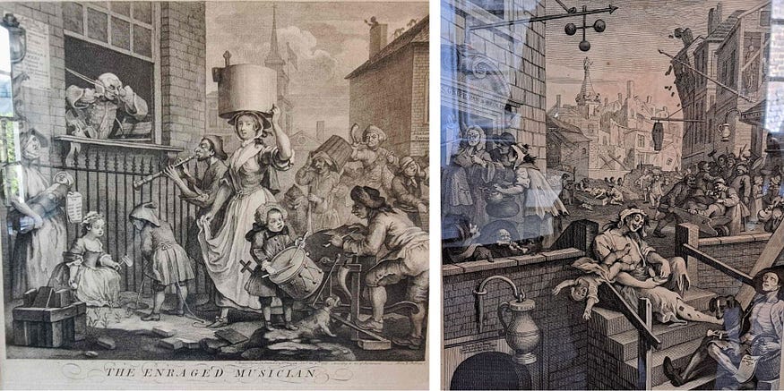 The Enraged Musician and Gin Lane by Hogarth