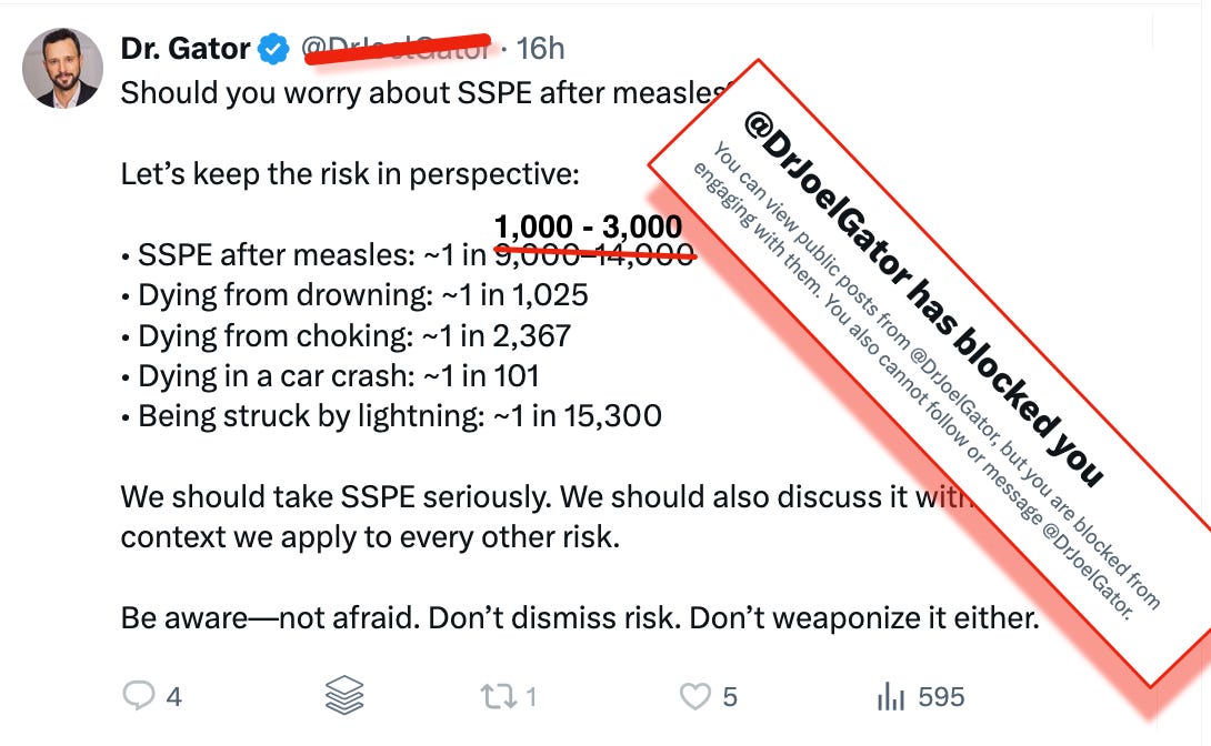 The risk of SSPE after measles is actually just over 1 in 1,000. Minimizing risk is a basic anti-vaccine propaganda technique. And remember that anti-vaccine influencers live in an echo chamber and block anyone that disagrees with them. The risk of SSPE after measles is actually just over 1 in 1,000. Minimizing risk is a basic anti-vaccine propaganda technique. And remember that anti-vaccine influencers live in an echo chamber and block anyone that disagrees with them.