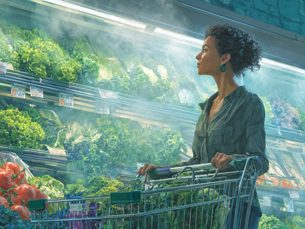 woman shopping the produce aisle of a grocery store, veggies are being misted, she's holding her cart looking calmly to make a selection, leafy greens, tomatoes...