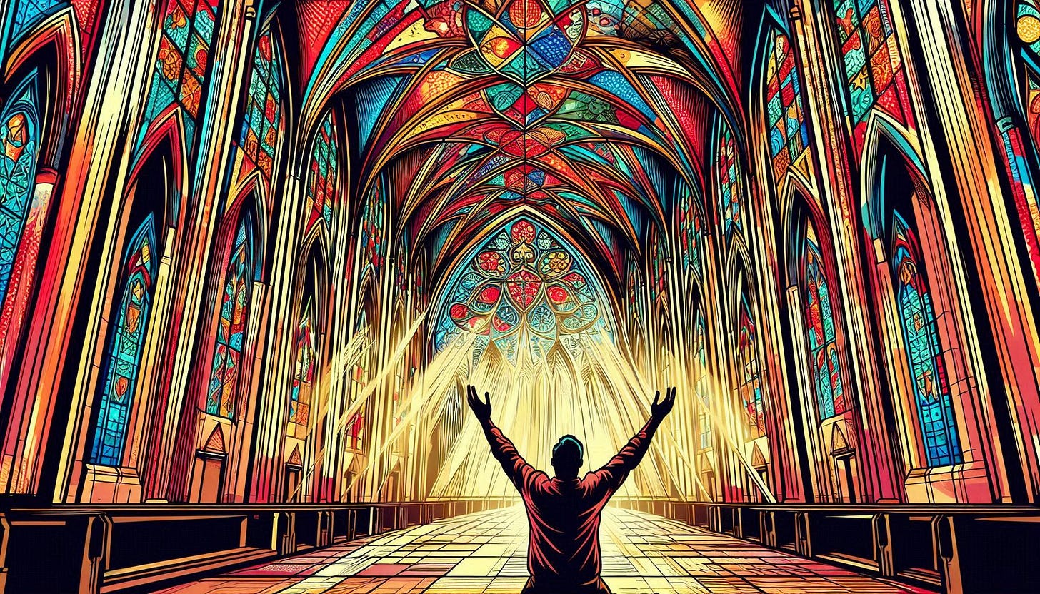 a man praises God in a cathedral, comic book art
