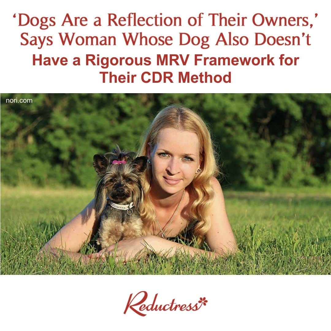 Satirical headline: "'Dogs Are a Reflection of Their Owners,' Says Woman Whose Dog Also Doesn't Have a Rigorous MRV Framework for Their CDR Method." Below, a woman lying in grass with a small terrier.