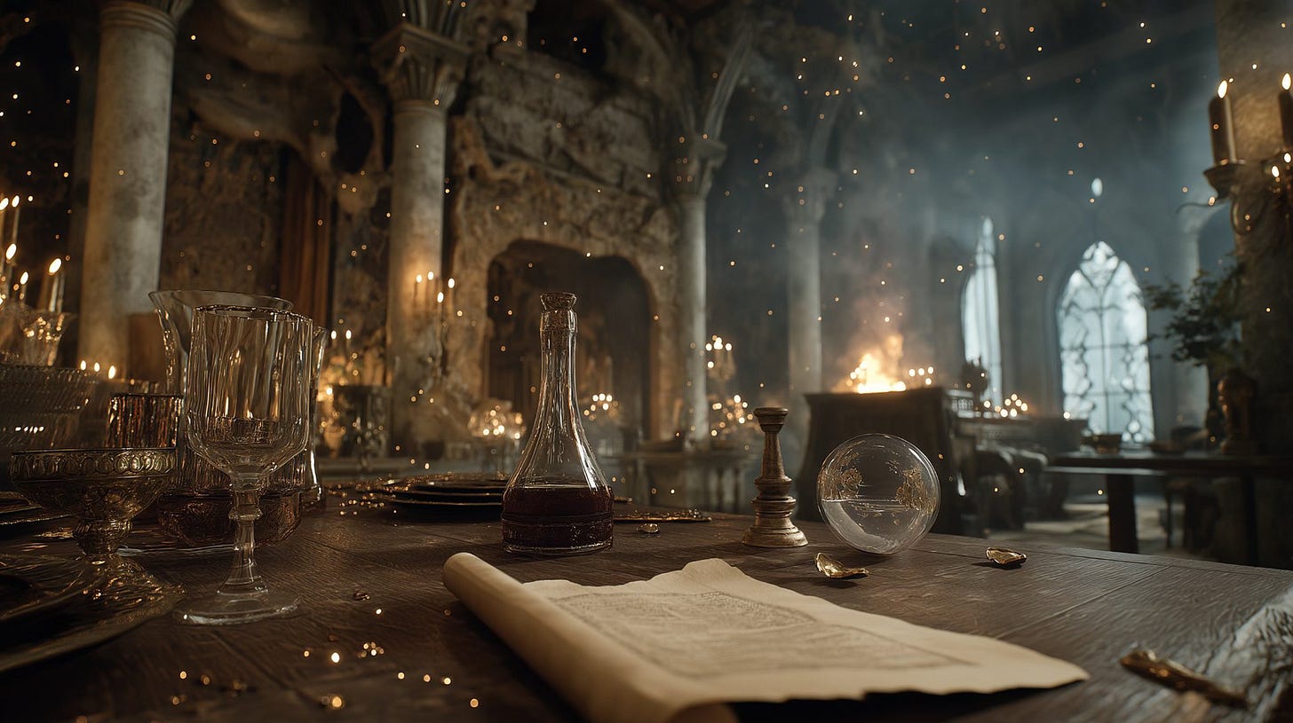 A candlelit grand hall with empty tables, scattered glassware, an open scroll, and a glowing orb amid drifting embers and smoke.
