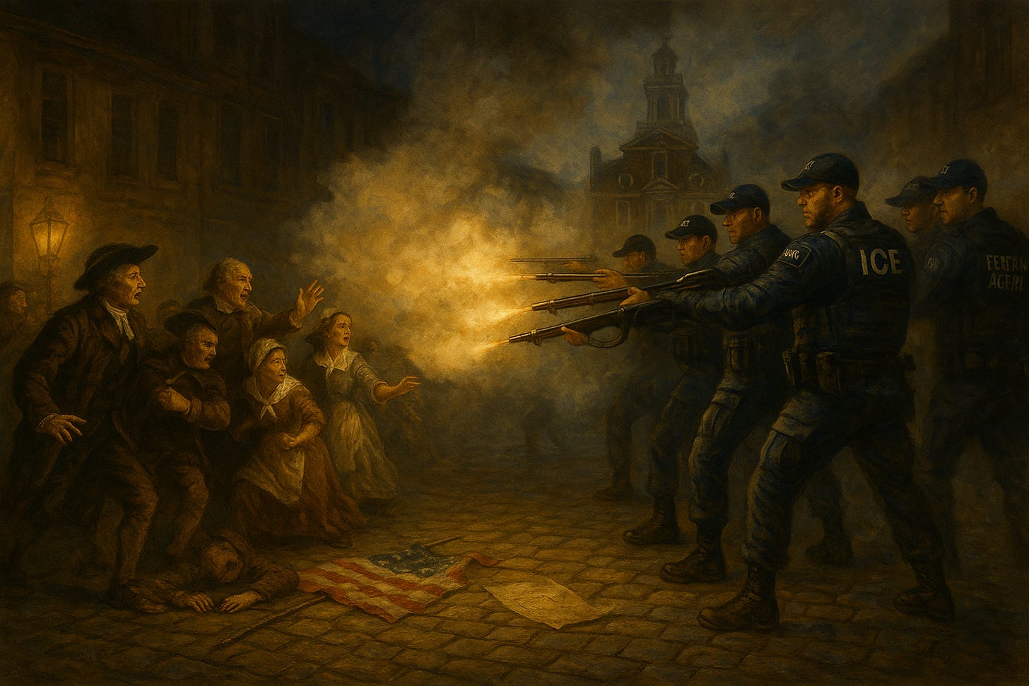 Classical painting of the Boston Massacre re-imagined with modern ICE agents firing on colonial-era protestors, oil-painting style, symbolic of democracy under siege.
