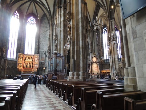a huge gothic cathedral and photos of altars, sculptures, and architecture inside