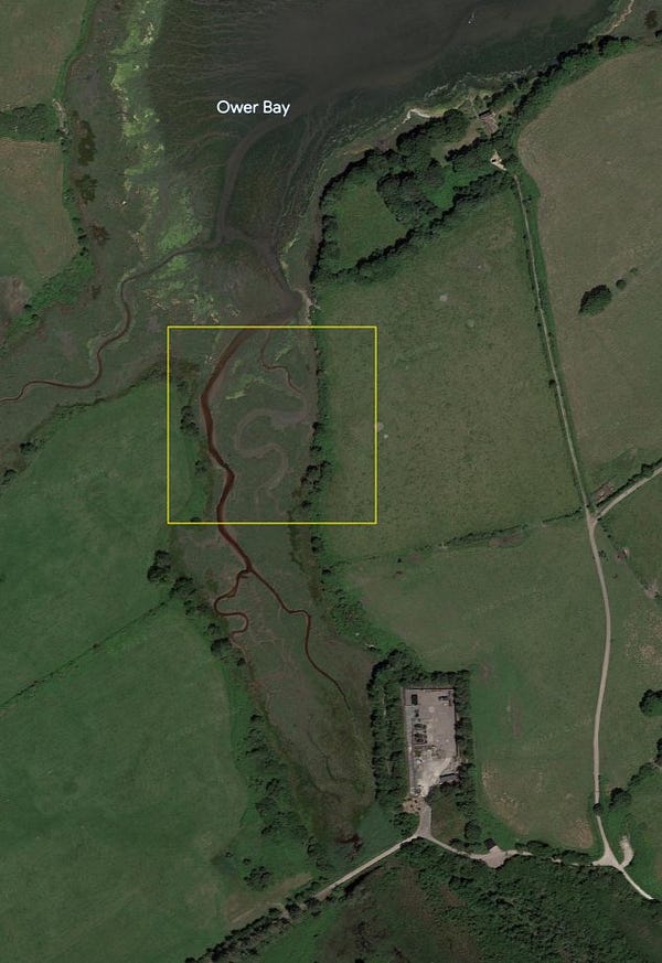 Annotated satellite image of the same location, with the area covered by the Sky footage highlighted