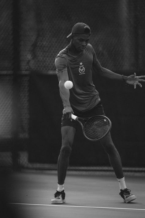 Black and white collage of five tennis scenes: two women in club hats sitting on a bench, two male players stringing rackets on the grass, and three dynamic in-game shots capturing movement and focus. All wearing Miami Racket Club apparel.