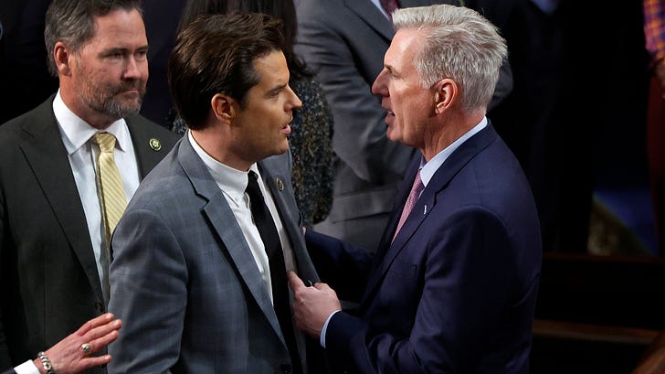 Former US House Republican Leader Kevin McCarthy talks to Rep. Matt Gaetz (R-FL) in the House Chamber during the fourth day of voting for Speaker of the House in January 2023.
(Photo by Chip Somodevilla/via Getty Images)