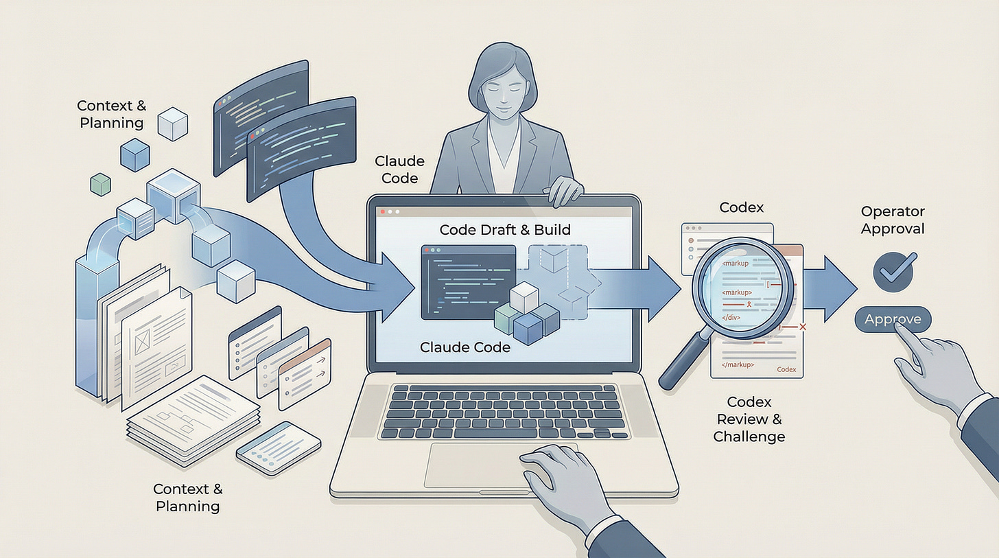 Editorial illustration showing Claude Code and Codex working together in one shared workflow, with the operator making the final approval decision