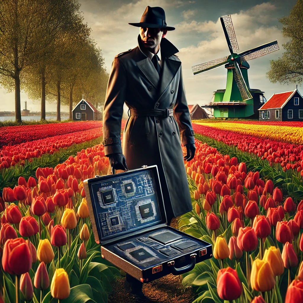 A mysterious spy wearing a dark trenchcoat and fedora, walking through a vibrant field of red and yellow tulips in the Netherlands. The spy is holding a briefcase partially open, revealing blueprints or technical designs for semiconductors. The background includes a traditional Dutch windmill and a partly cloudy sky. The scene is cinematic and slightly dramatic, with shadows emphasizing the secretive nature of the spy's mission. The tulip field is colorful and stretches into the distance, creating a strong contrast with the spy's dark outfit.