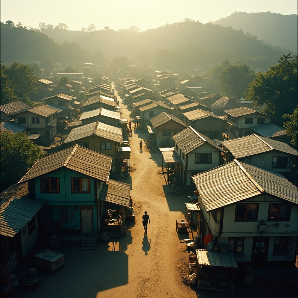 Vibrant Jamaican nucleated settlement, bustling with life, centered around a vibrant marketplace, with closely packed homes, businesses, and structures, each one uniquely colorful and textured, under the warm glow of cinematic lighting, with deep shadows and subtle lens flares