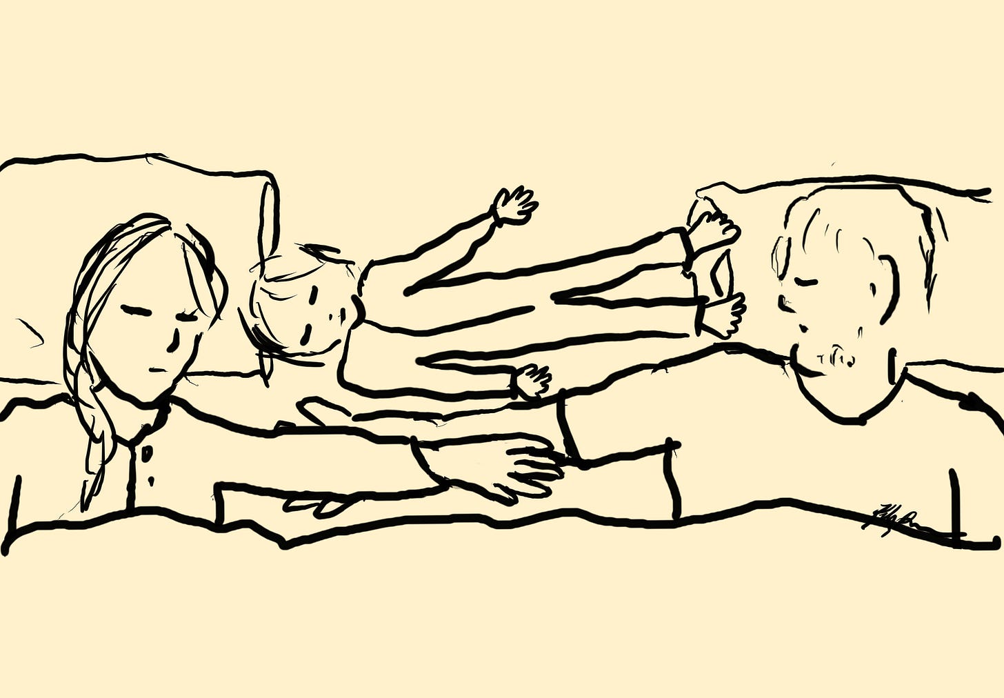 A line drawing of three people in a bed: A man and woman reach to hold each other’s arms while a small child rests horizontally between their faces, holding them apart