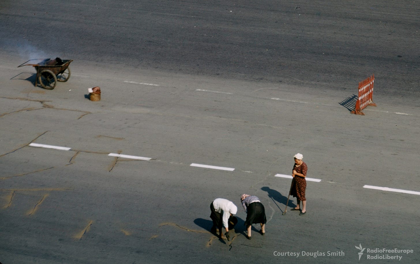 Witnessing urban development: road repairs underway on Novinsky bulvar, Moscow, during the 1950s. Witnessing urban development: road repairs underway on Novinsky bulvar, Moscow, during the 1950s.