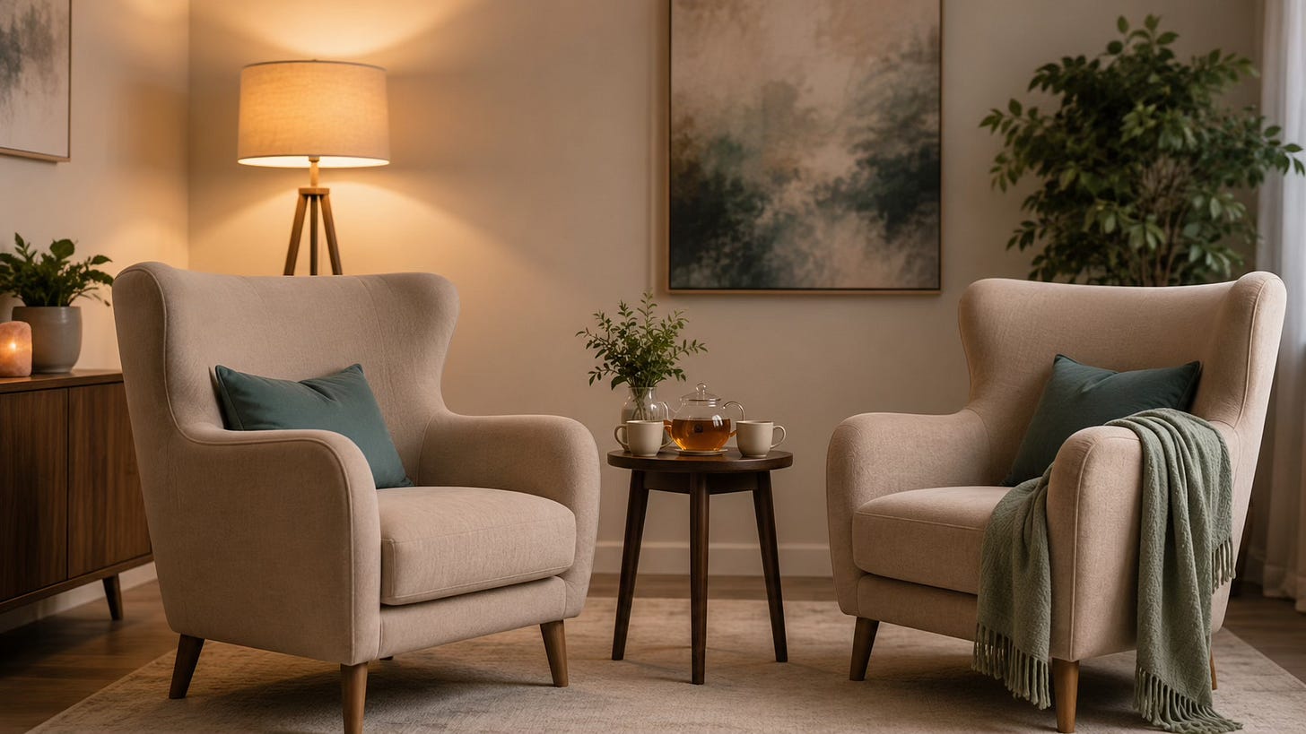 Two comfortable chairs in a calm therapeutic space, representing supportive Clinical EFT work for people-pleasing patterns.