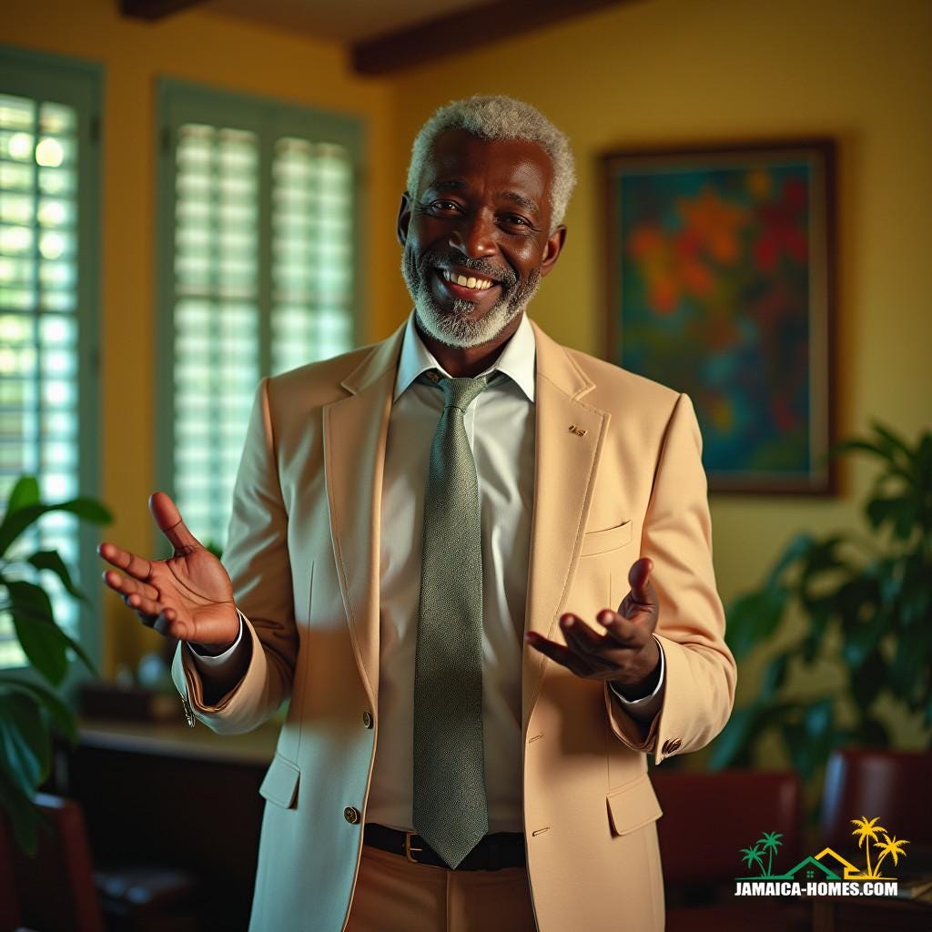 Regal, middle-aged Jamaican businessman with distinguished grey hair and warm smile, dressed in a crisp, pastel-hued suit