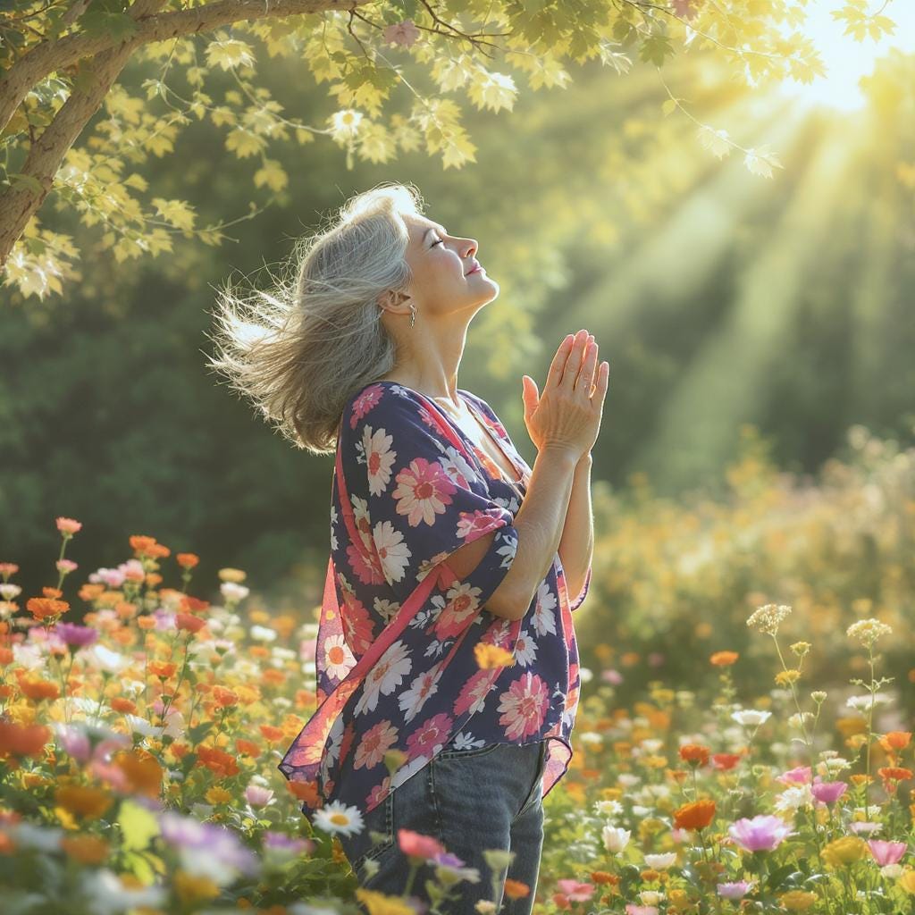 An older woman standing in a field of flowers with sun rays shining down on her as she holds her hands together in prayer and looks up toward Heaven with a look of love and gratitude on her face.