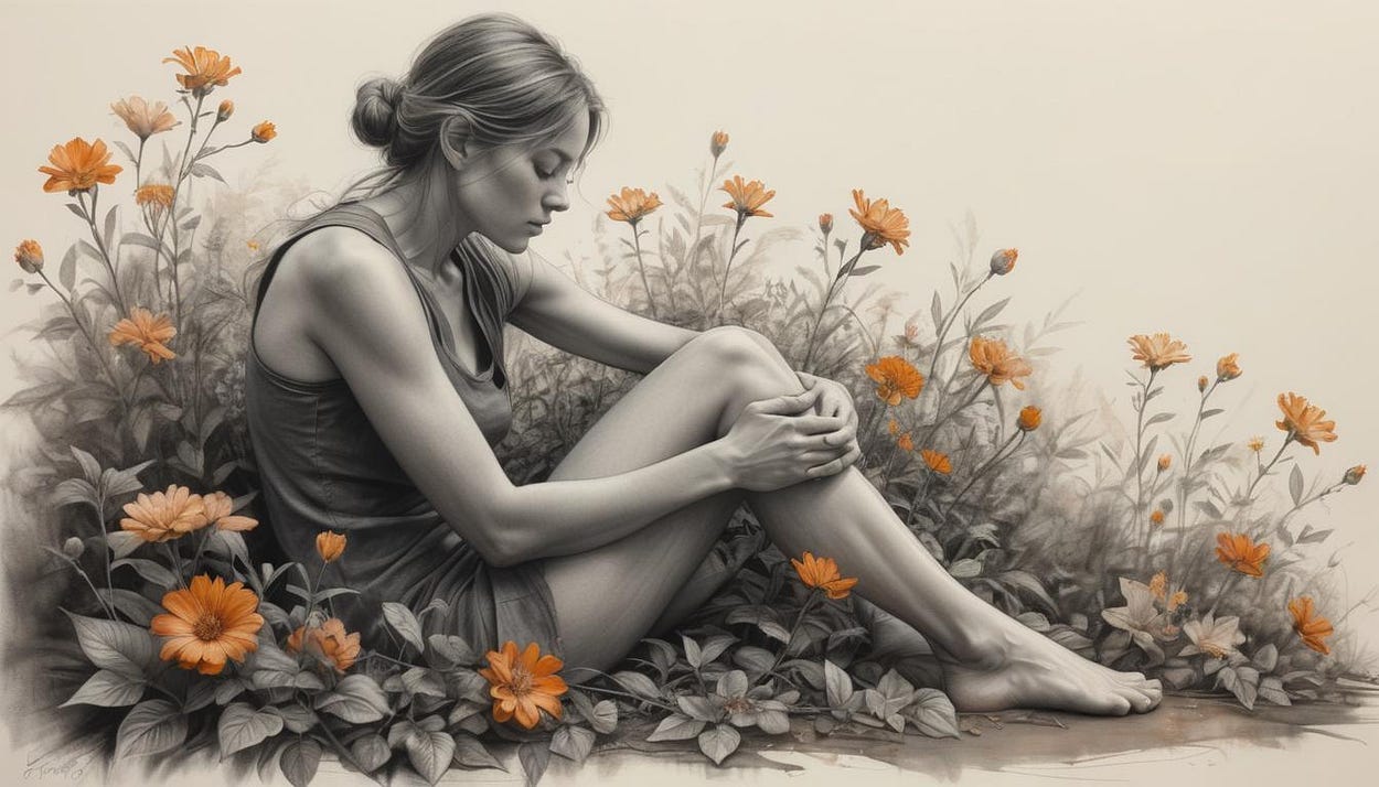 Image shows a charcoal drawing of a woman sitting between wild flowes, all of them a splash of orange.