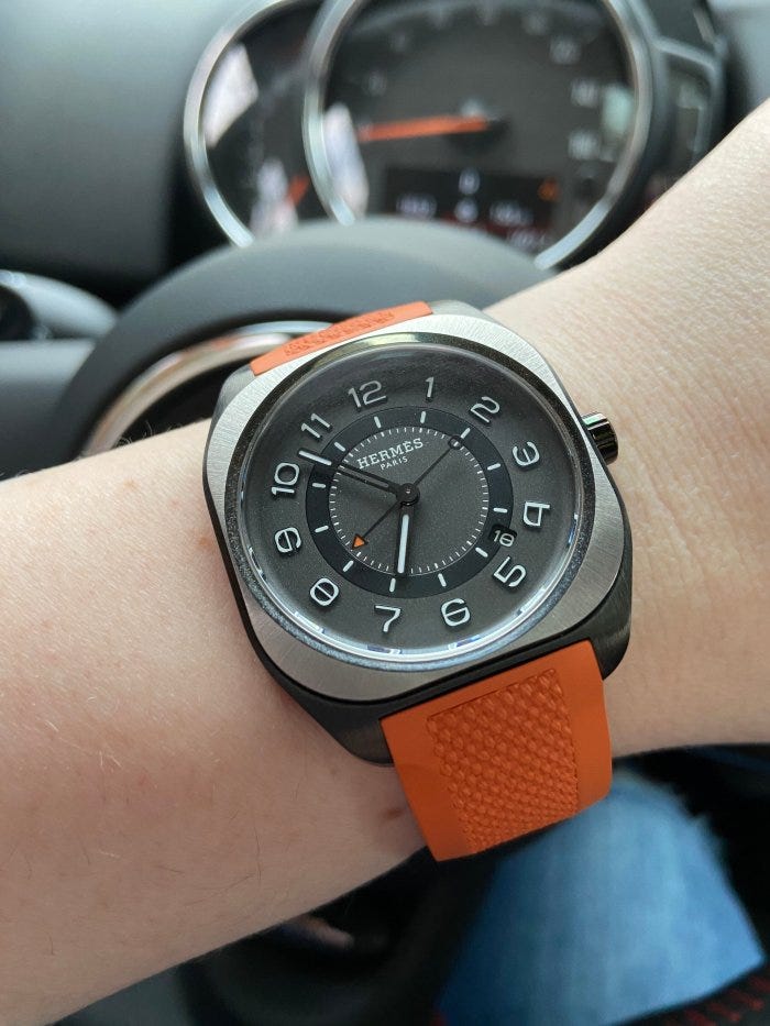The Hermès H08 on the author’s wrist. (Photo: Kathleen McGivney) The Hermès H08 on the author’s wrist. (Photo: Kathleen McGivney)