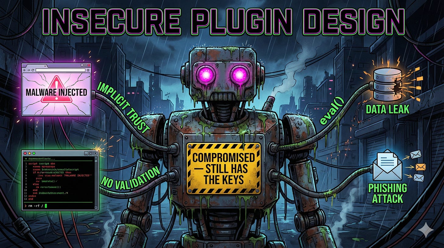 Insecure LLM plugin design creates attack surface multiplication when plugins implicitly trust AI requests including prompt-injected commands