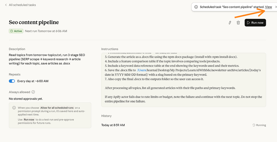 Claude Cowork task execution view showing the scheduled SEO pipeline running after clicking Run Now