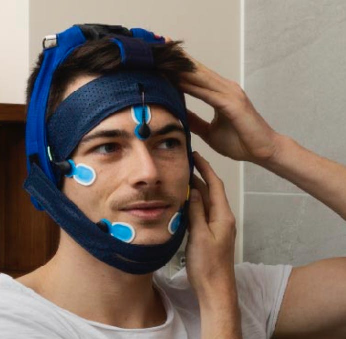 A person wearing a headgear

Description automatically generated