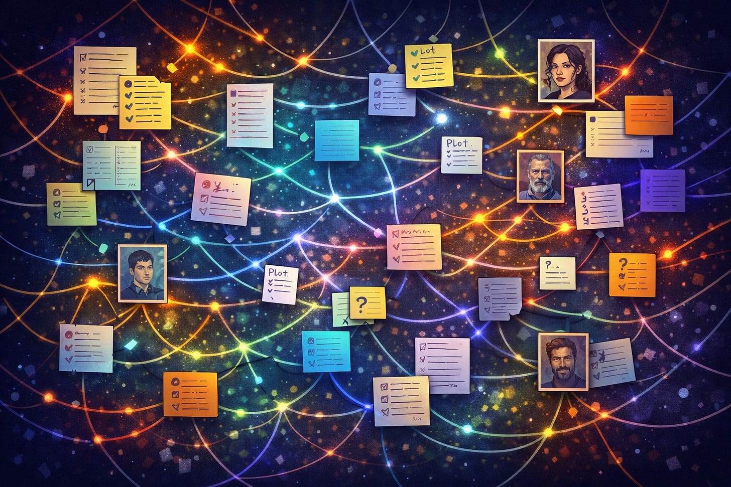 Story-map illustration with character portraits, notes, and many glowing interconnected threads, suggesting the complexity of managing plot, character, and continuity in long-form fiction.