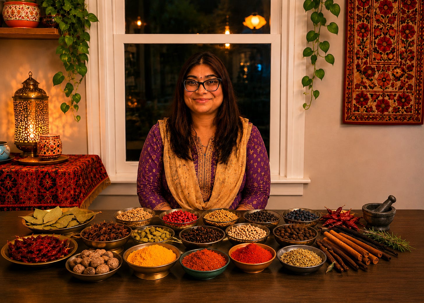 Portrait of an Indian woman seated at a warmly lit table surrounded by carefully arranged bowls of whole and ground spices, including dried chilies, turmeric, cardamom, cinnamon, bay leaves, and peppercorns, framed by traditional South Asian décor, warm lantern light, and trailing green plants.